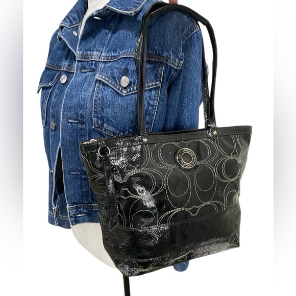 Coach Signature Stitch Patent Leather Tote Shoulder Bag Black White - Picture 4 of 14